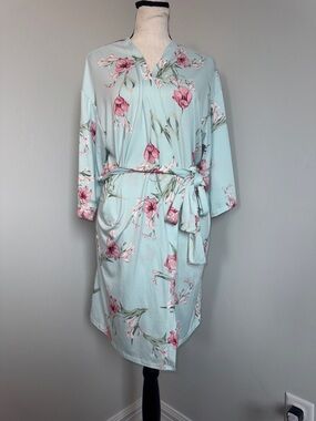 Flora Nikrooz Robe Womens Medium Blue Floral Wrap Kimono Sleepwear Lounge
